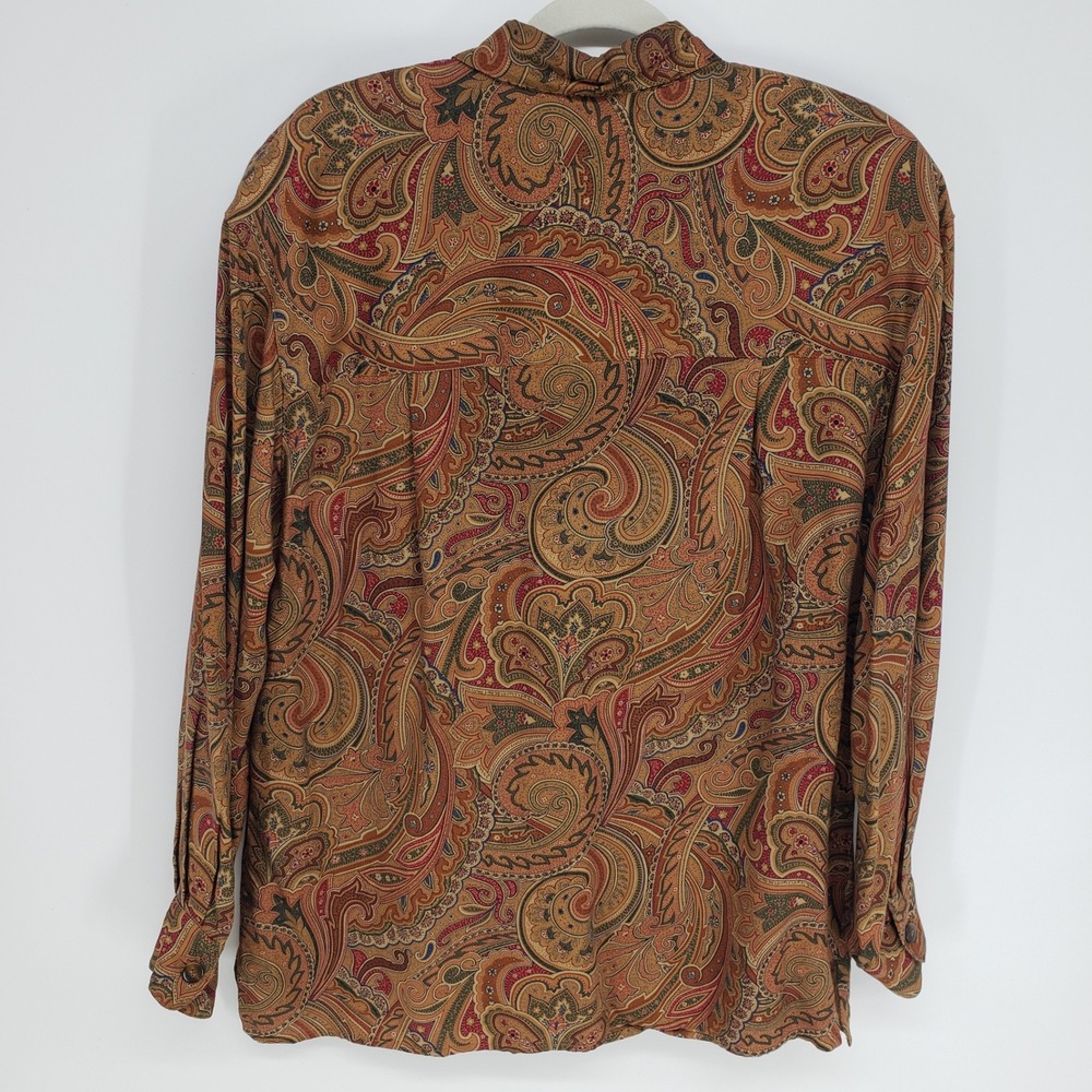 Vintage 90s Liz Claiborne Paisley Button Up Blouse Women L Brown Long Sleeve Top - Picture 2 of 7